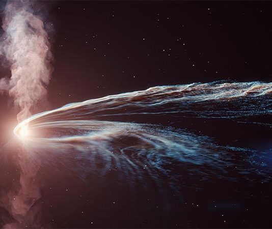 ¿Un agujero negro devorando una estrella generó un neutrino de alta energía? Improbable, según un nuevo estudio Ilustración artística del evento de disrupción de marea AT2019dsg, donde un agujero negro supermasivo espaguetiza y devora una estrella. Parte del material no es consumido por el agujero negro y es arrojado al espacio