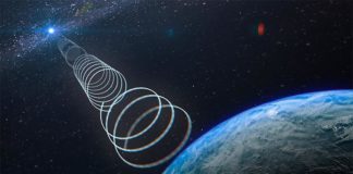 Extrañas ondas de radio emergen de la dirección del centro galáctico Impresión artística de las señales de radio ASKAP J173608.2-321635 llegando a la Tierra