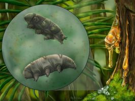 Nuevo fósil tardígrado encontrado en ámbar dominicano de 16 millones de años Reconstrucción artística del tardígrado Paradoryphoribius chronocaribbeus en musgos