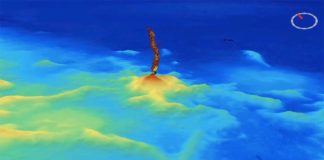 El volcán submarino más grande jamás registrado frente a la costa este de África Vuelo en 3D sobre el volcán submarino y la pluma acústica