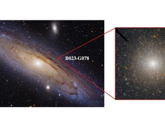 Extraordinario agujero negro encontrado en la galaxia vecina, Andrómeda El panel izquierdo muestra una imagen de campo amplio de M31 con el cuadro rojo y un recuadro que muestra la ubicación y la imagen de B023-G78 donde se encontró el agujero negro