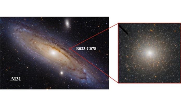 El panel izquierdo muestra una imagen de campo amplio de M31 con el cuadro rojo y un recuadro que muestra la ubicación y la imagen de B023-G78 donde se encontró el agujero negro