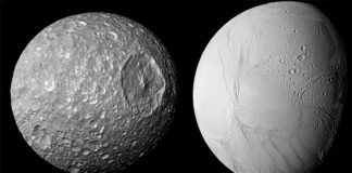 Un científico del SwRI descubrió que la pequeña luna de Saturno, Mimas (izquierda), probablemente tenga algo en común con su vecina más grande, Encélado: un océano interno debajo de una gruesa superficie helada