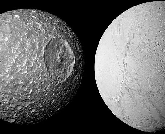 Evidencia de un océano interno en Mimas, la pequeña luna de Saturno Un científico del SwRI descubrió que la pequeña luna de Saturno, Mimas (izquierda), probablemente tenga algo en común con su vecina más grande, Encélado: un océano interno debajo de una gruesa superficie helada