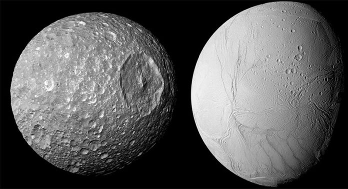 Un científico del SwRI descubrió que la pequeña luna de Saturno, Mimas (izquierda), probablemente tenga algo en común con su vecina más grande, Encélado: un océano interno debajo de una gruesa superficie helada