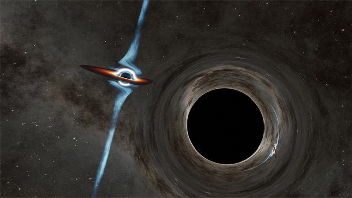 Este artista muestra su concepción de dos agujeros negros supermasivos candidatos en el corazón de un cuásar llamado PKS 2131-021
