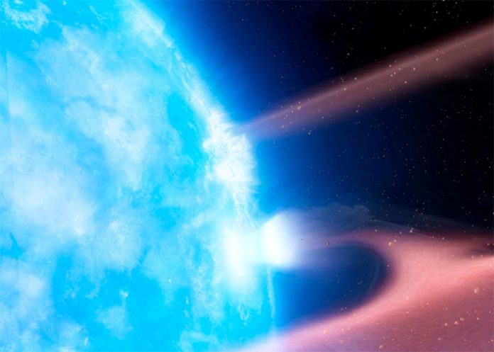 Impresión artística de una enana blanca, G29—38, acumulando material planetario desde un disco de escombros circunestelares Impresión artística de una enana blanca, G29—38, acumulando material planetario desde un disco de escombros circunestelares