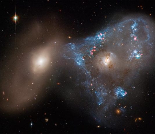 Hubble captura una colisión de galaxias que crea un «triángulo espacial» Colisión frontal entre las galaxias NGC 2445 (derecha) y NGC 2444.