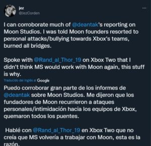 Tweet Jez sobre Moon Studios acusaciones