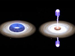 Astrónomos toman el ‘latido del corazón’ de un agujero negro estelar: relación entre corona y chorro Dos capturas de pantalla de la animación de dos fases de un agujero negro