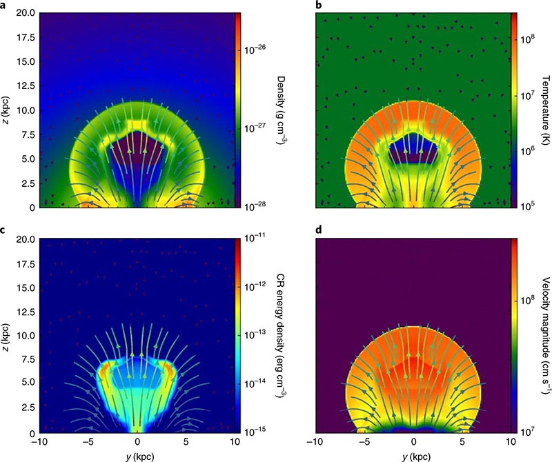 Propiedades simuladas del gas y las burbujas. Crédito: Nature Astronomy (2022) Propiedades simuladas del gas y las burbujas. Crédito: Nature Astronomy (2022)