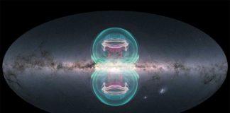Enormes burbujas en el centro de la Vía Láctea causadas por un agujero negro supermasivo El equipo de visualización de la NASA creó una superposición de una imagen de la Vía Láctea