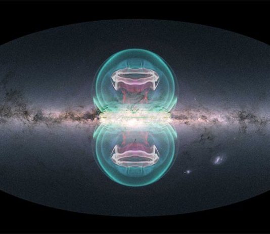 Enormes burbujas en el centro de la Vía Láctea causadas por un agujero negro supermasivo El equipo de visualización de la NASA creó una superposición de una imagen de la Vía Láctea