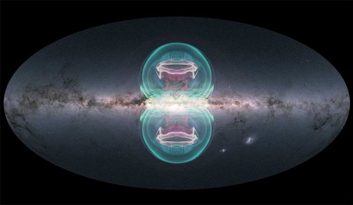 El equipo de visualización de la NASA creó una superposición de una imagen de la Vía Láctea