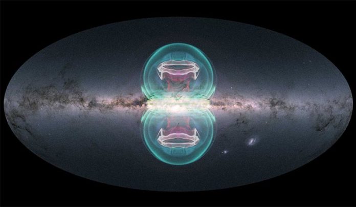 El equipo de visualización de la NASA creó una superposición de una imagen de la Vía Láctea El equipo de visualización de la NASA creó una superposición de una imagen de la Vía Láctea