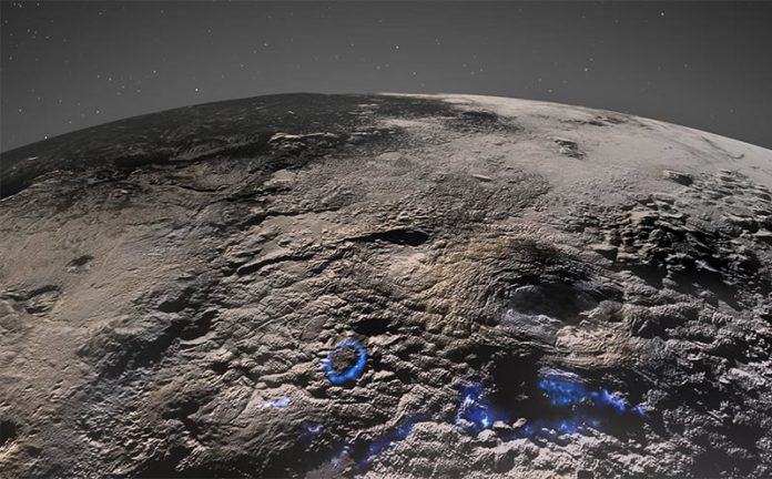 Vista en perspectiva de la región volcánica helada de Plutón