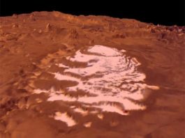 Los glaciares de dióxido de carbono se están moviendo en el Polo Sur de Marte Vista en perspectiva del casquete polar sur de Marte usando imágenes Viking