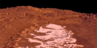 Los glaciares de dióxido de carbono se están moviendo en el Polo Sur de Marte Vista en perspectiva del casquete polar sur de Marte usando imágenes Viking
