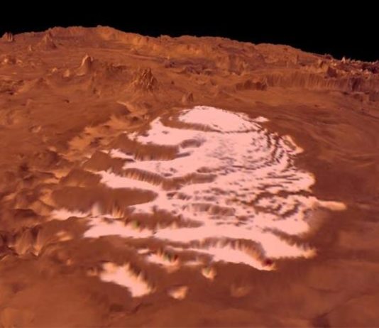 Los glaciares de dióxido de carbono se están moviendo en el Polo Sur de Marte Vista en perspectiva del casquete polar sur de Marte usando imágenes Viking