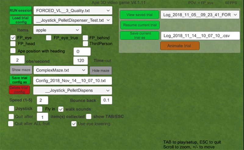 Chimpancés y realidad virtual. La aplicación APExplorer 3D. Modo de configuración que permite al investigador controlar diferentes parámetros Chimpancés y realidad virtual. La aplicación APExplorer 3D. Modo de configuración que permite al investigador controlar diferentes parámetros