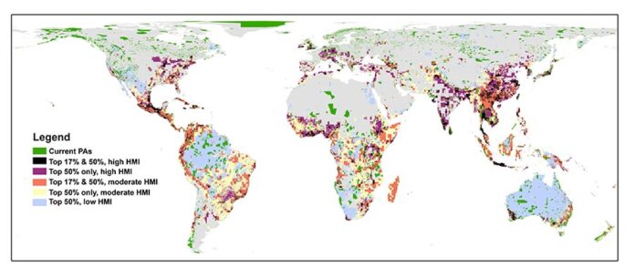 Árboles: El mapa del mundo muestra en qué medida las áreas protegidas (AP) actuales y las áreas prioritarias para los objetivos de protección del 17 % y el 50 % están siendo presionadas por las actividades humanas