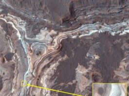 Una larga historia de flujos de agua en Marte registrada en sedimentos arcillosos Marte: Parte de la imagen en color mejorada de HiRISE ESP_023383_1590 que muestra sedimentos de arcilla en capas de colores dentro de Ladon Valles