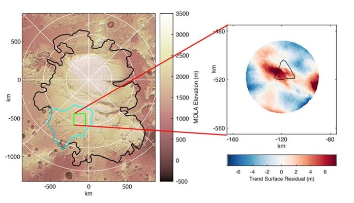 El panel de la izquierda muestra la topografía de la superficie del polo sur de Marte, con el contorno del casquete polar sur en negro El panel de la izquierda muestra la topografía de la superficie del polo sur de Marte, con el contorno del casquete polar sur en negro