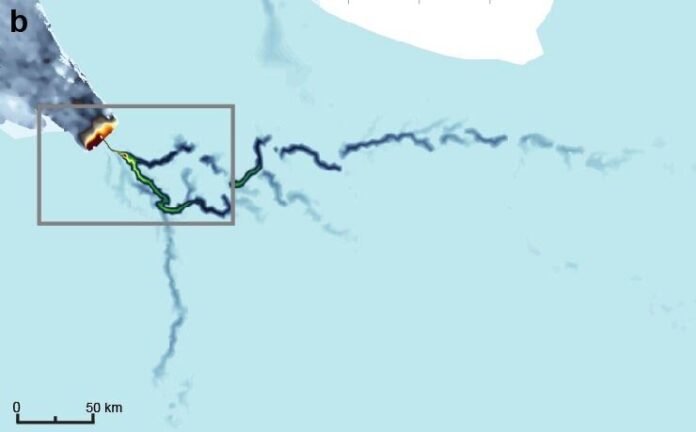 Modelo del sistema fluvial de este río bajo la Antártida