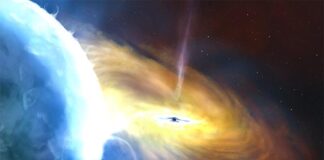 Los rayos X polarizados y la materia extremadamente caliente alrededor del agujero negro Cygnus X-1 Impresión artística del sistema Cygnus X-1, con el agujero negro apareciendo en el centro y su estrella compañera a la izquierda