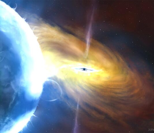 Los rayos X polarizados y la materia extremadamente caliente alrededor del agujero negro Cygnus X-1 Impresión artística del sistema Cygnus X-1, con el agujero negro apareciendo en el centro y su estrella compañera a la izquierda