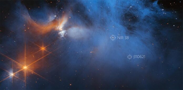 Esta imagen de la cámara de infrarrojo cercano (NIRCam) del telescopio espacial James Webb de la NASA/ESA/CSA presenta la región central de la nube molecular oscura Camaleón I Esta imagen de la cámara de infrarrojo cercano (NIRCam) del telescopio espacial James Webb de la NASA/ESA/CSA presenta la región central de la nube molecular oscura Camaleón I