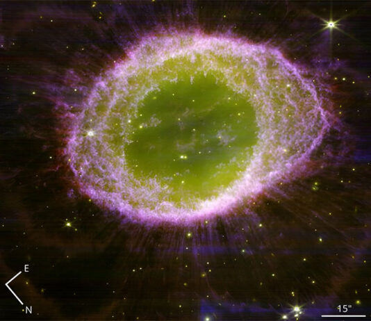 El Telescopio James Webb explora la estructura de la Nebulosa del Anillo Imagen de la Nebulosa del Anillo tomada con el instrumento NIRCam de James Webb