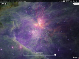 La vista gran angular de Webb de la Nebulosa de Orión se publica en ESASky Esta imagen muestra un mosaico NIRCam de longitud de onda larga de la Nebulosa de Orión (interior) y el Cúmulo del Trapecio