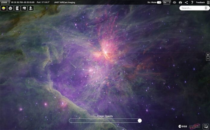 Esta imagen muestra un mosaico NIRCam de longitud de onda larga de la Nebulosa de Orión (interior) y el Cúmulo del Trapecio