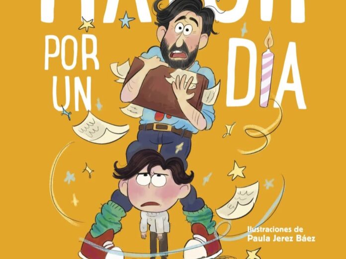 Fragmento de portada de "Mayor por un día" de Javier de Haro, ilustrada por la artista Paula Pérez Báez.