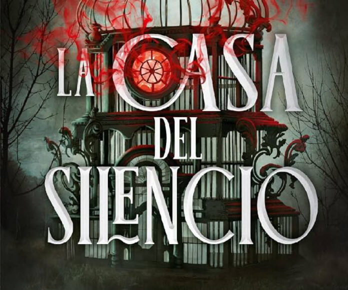 La casa del silencio Una imagen e un fondo oscuro con una casa parecida a una jaula de pájaros y las lestras del título La Casa del silencio